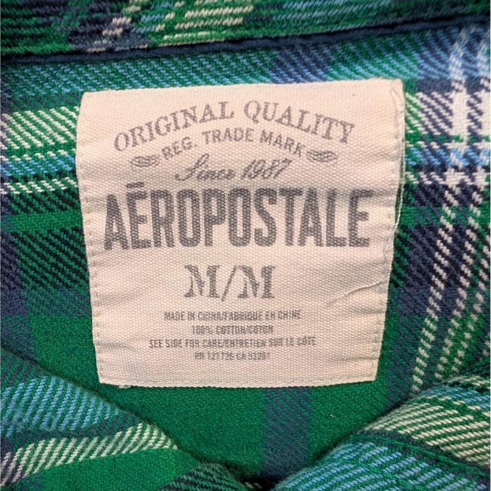 Aeropostale Mens Plaid Flannel Button Down Shirt Medium Green Blue - Picture 2 of 8